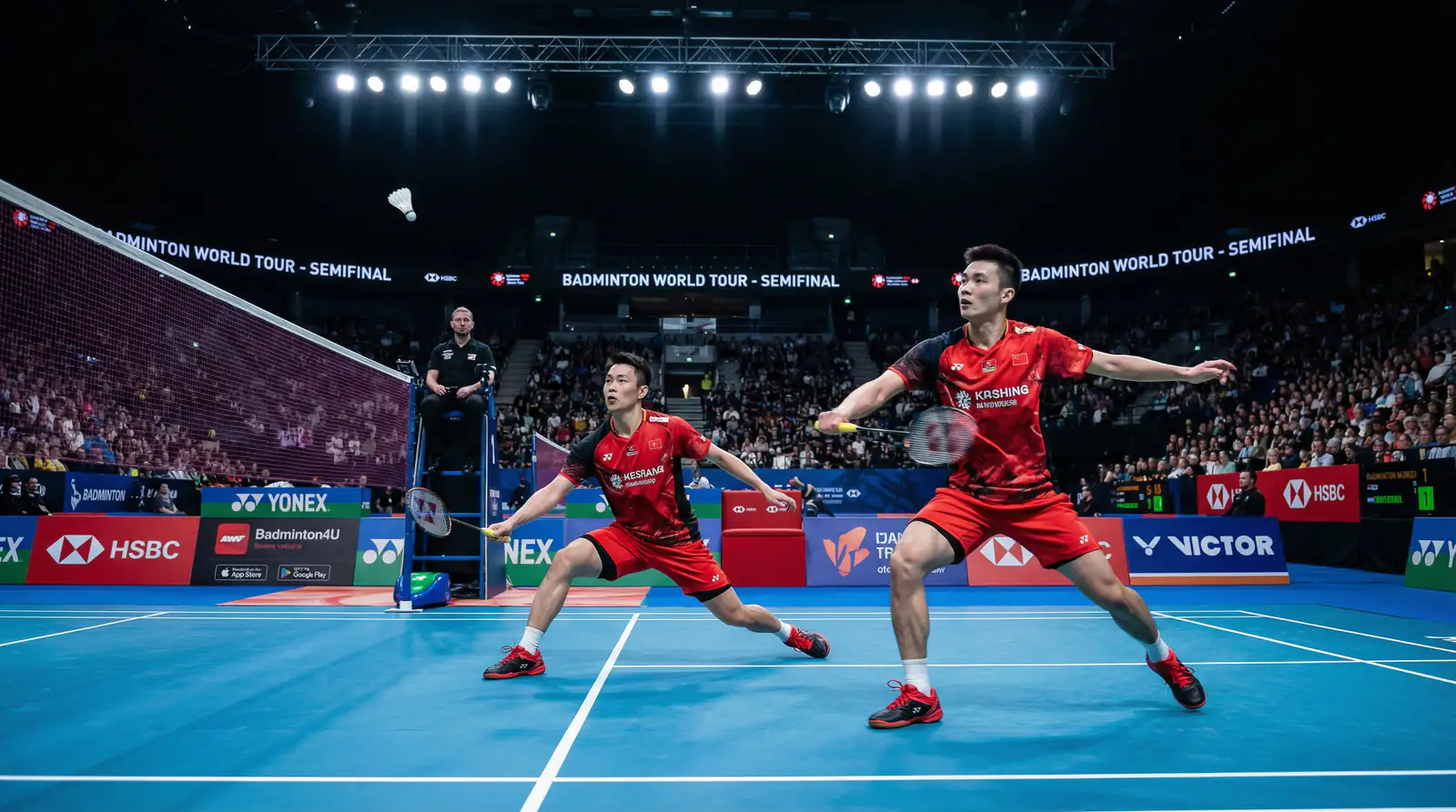 Asiatische Badminton-Spieler bei einem internationalen Turnier zeigen technische Präzision