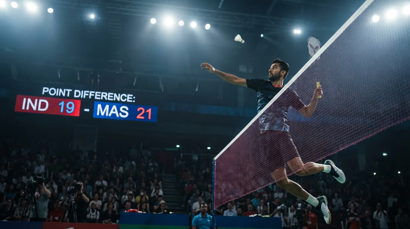 Badminton-Spieler am Netz beim Smash mit Punkteanzeige im Hintergrund