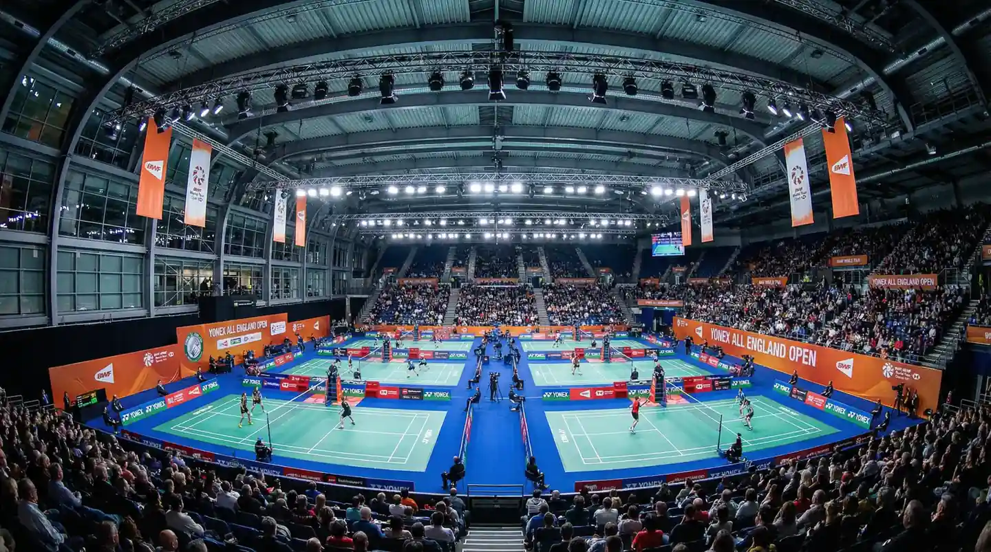 Badminton-Arena während eines BWF World Tour Super 1000 Turniers mit Spielern auf dem Court